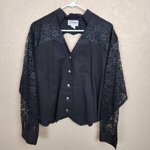 Banjo Vintage Black Lace Long Sleeve Heart Button Shirt 1X (4517CL)